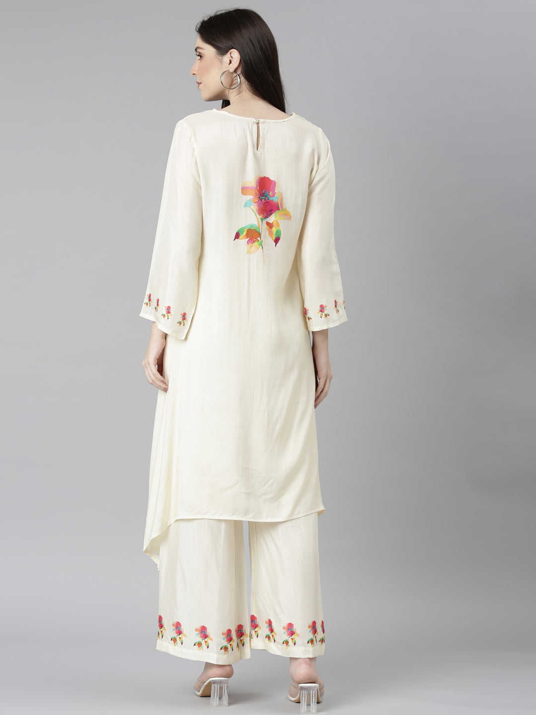 Neeru's Cream Regular Straight Floral Kurta And Palazzos