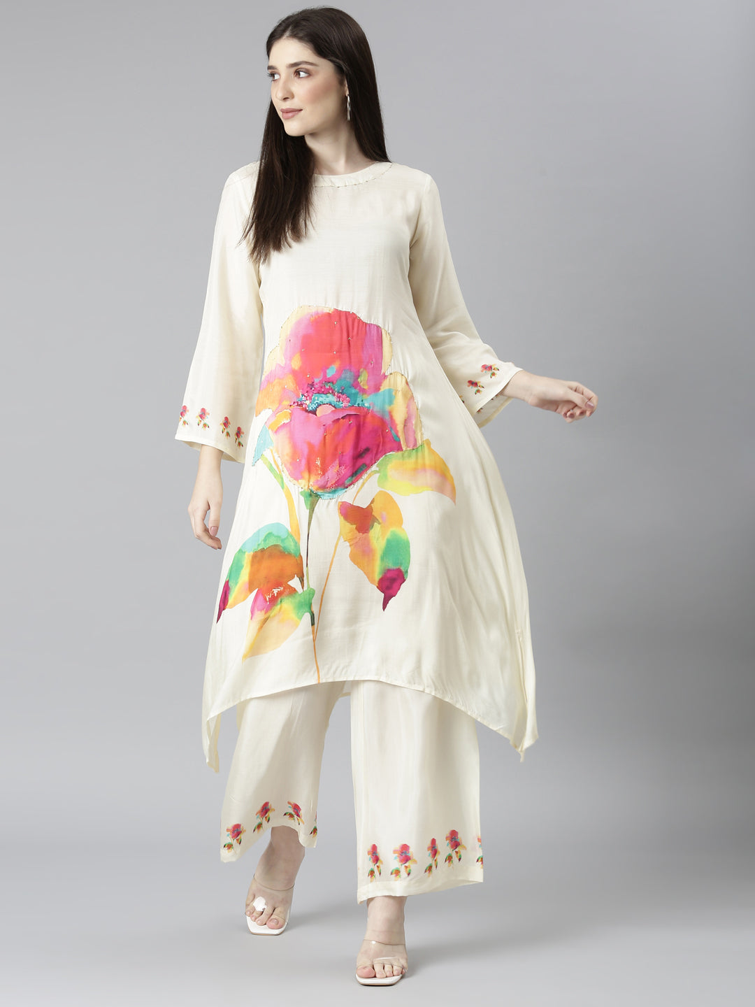 Neeru's Cream Regular Straight Floral Kurta And Palazzos