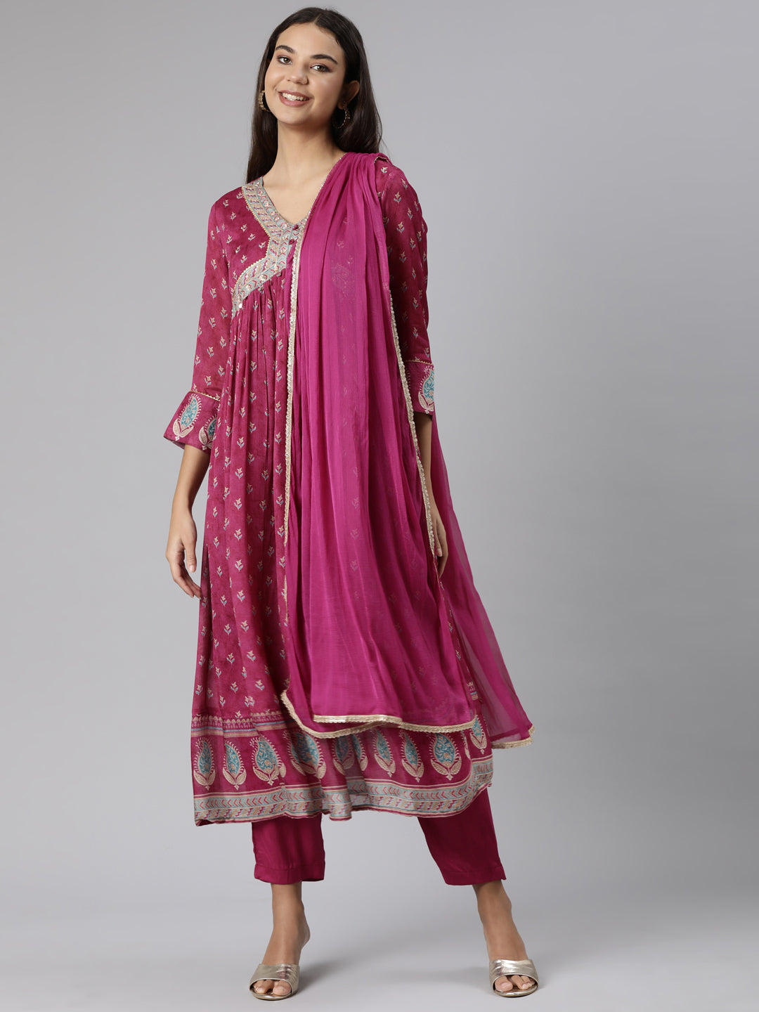 Neeru's Magenta Regular Straight Floral Readymade suits