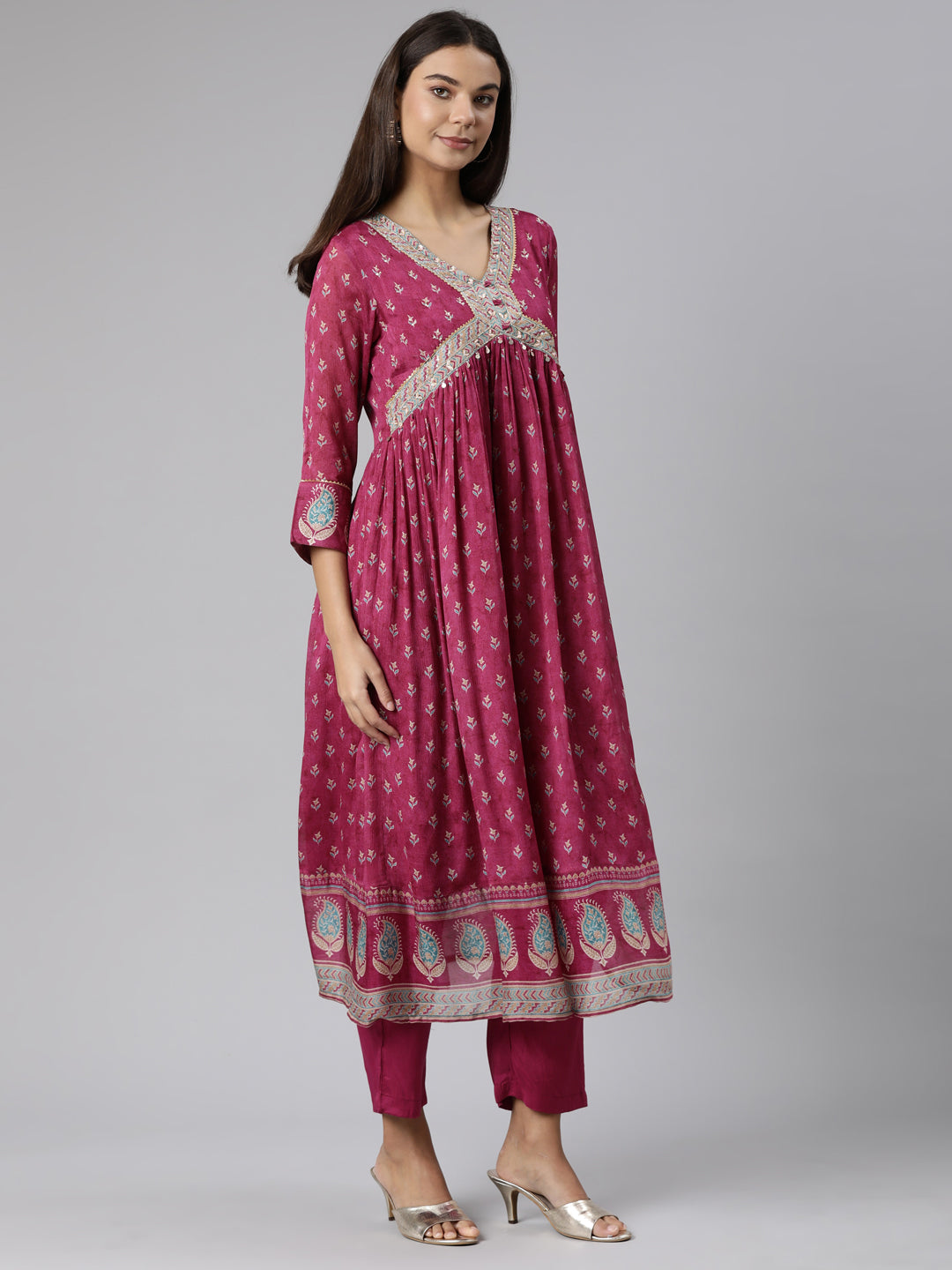 Neeru's Magenta Regular Straight Floral Readymade suits