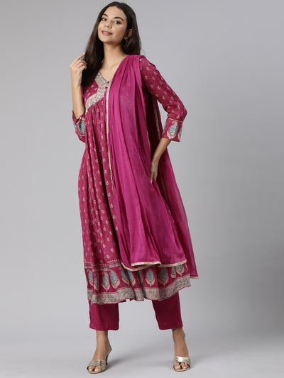 Neeru's Magenta Regular Straight Floral Readymade suits