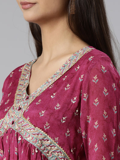 Neeru's Magenta Regular Straight Floral Readymade suits