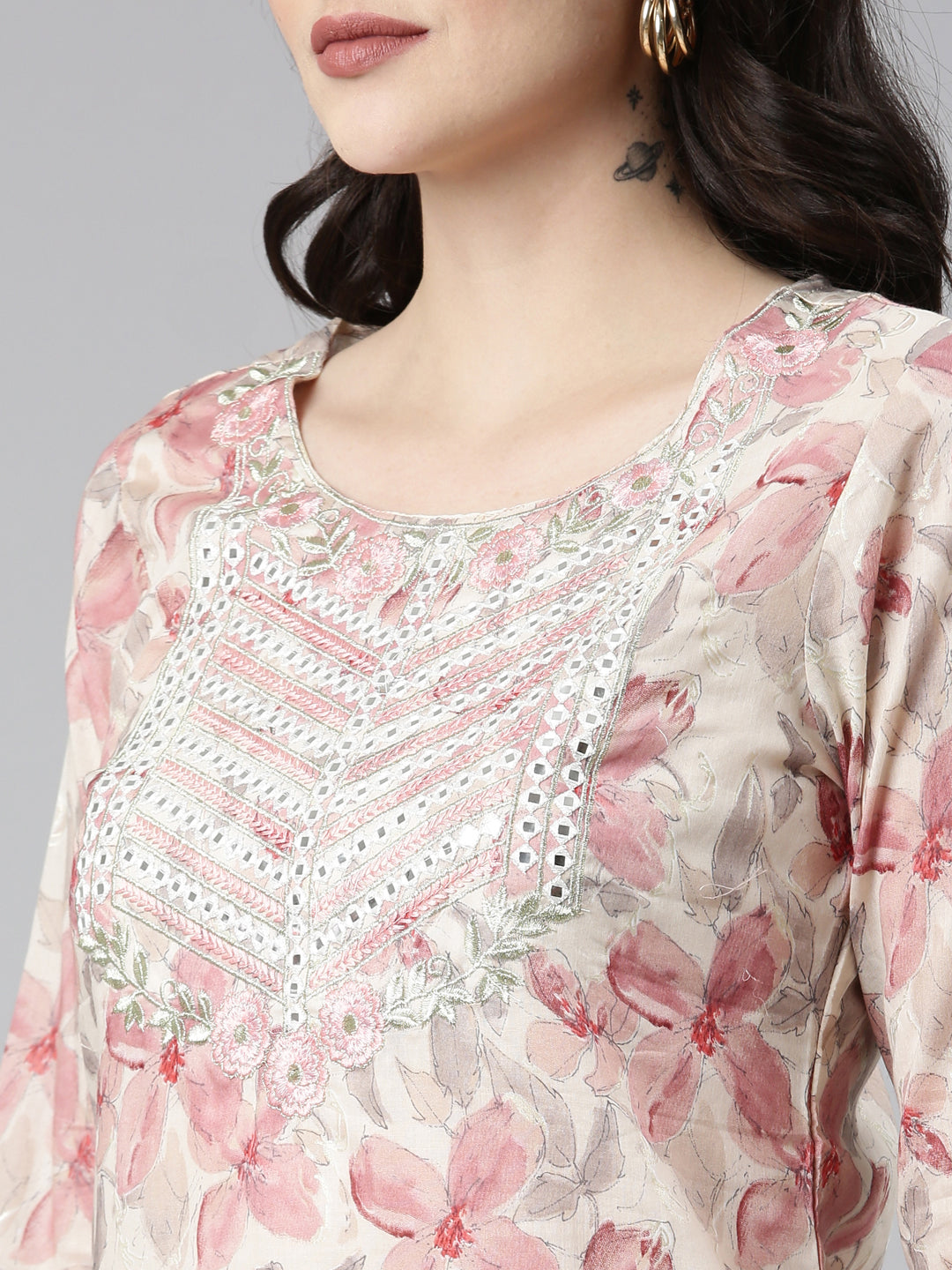 Neeru's Cream Regular Straight Printed Kurta And Sharara With Dupatta