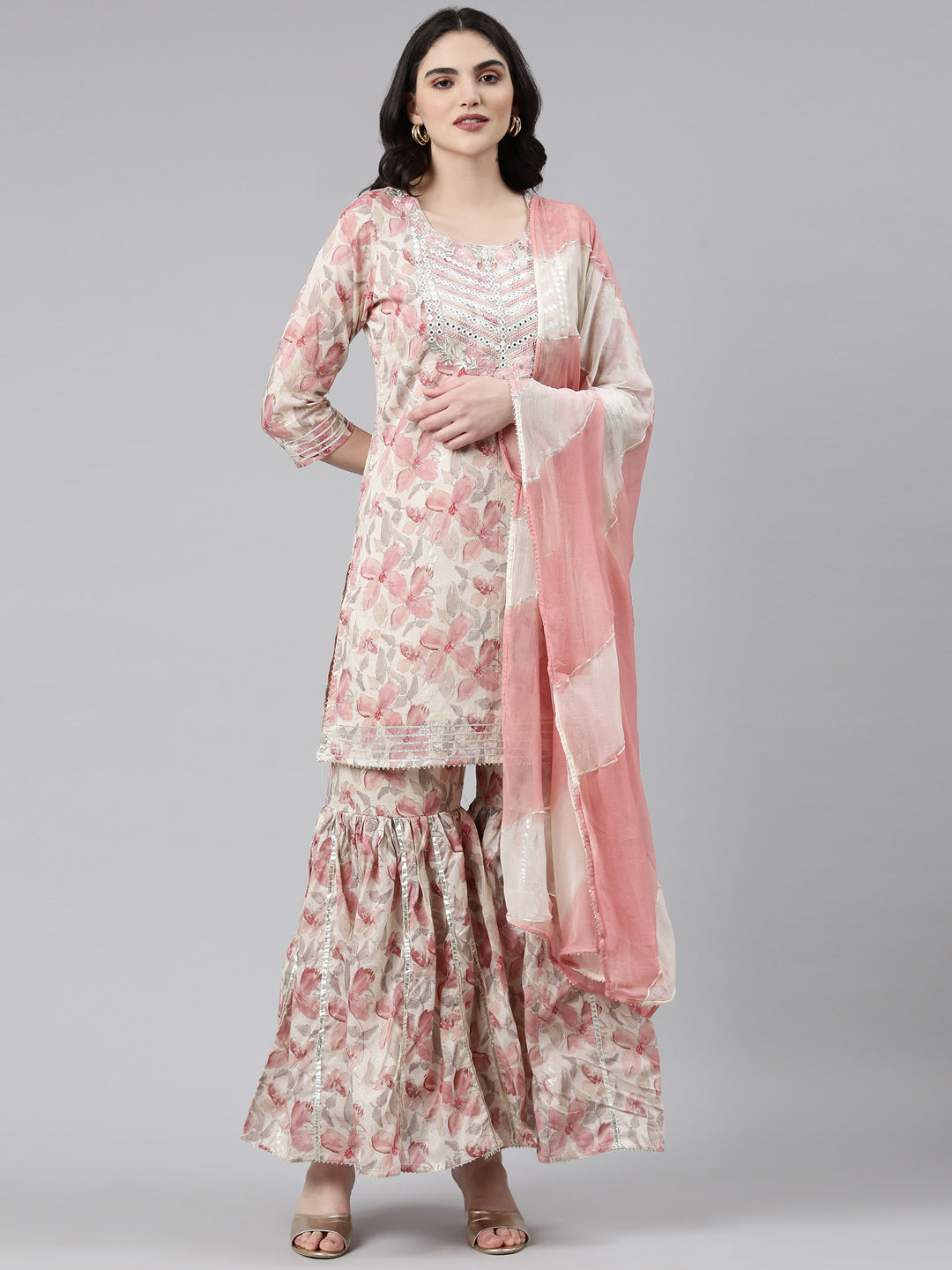 Neeru's Cream Regular Straight Printed Kurta And Sharara With Dupatta