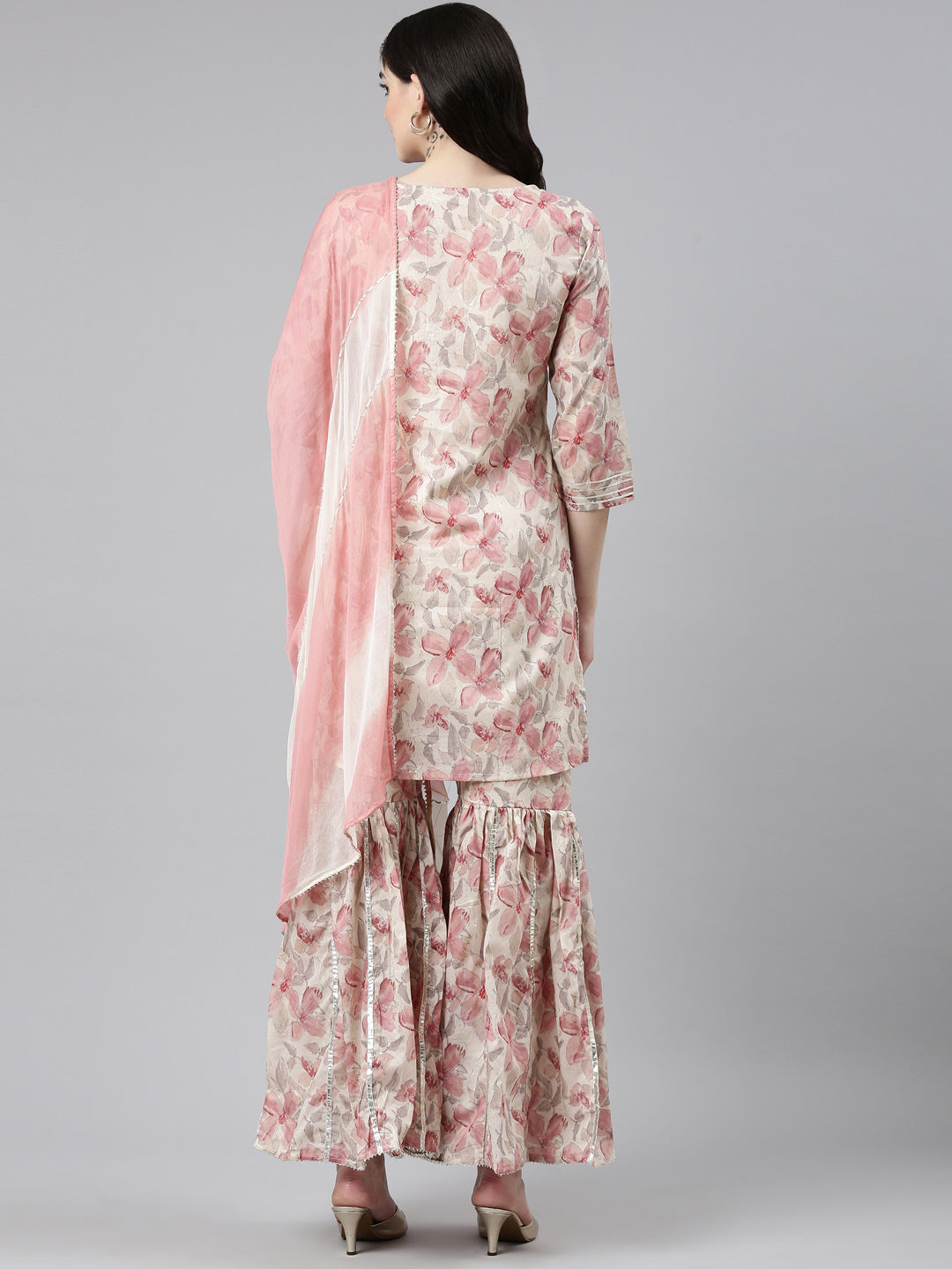 Neeru's Cream Regular Straight Printed Kurta And Sharara With Dupatta