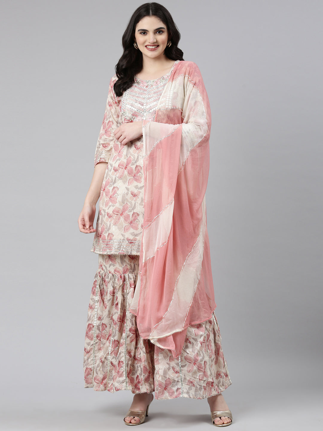 Neeru's Cream Regular Straight Printed Kurta And Sharara With Dupatta