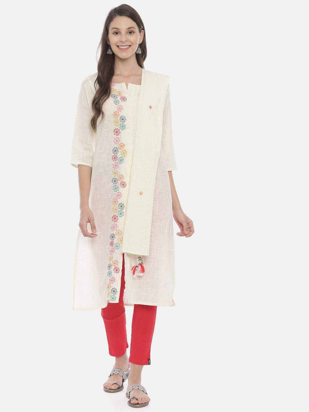 Neerus Women Cream-Coloured Embroidered A-Line Kurta