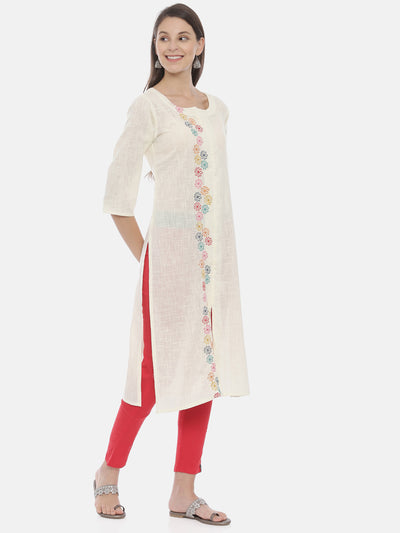 Neerus Women Cream-Coloured Embroidered A-Line Kurta