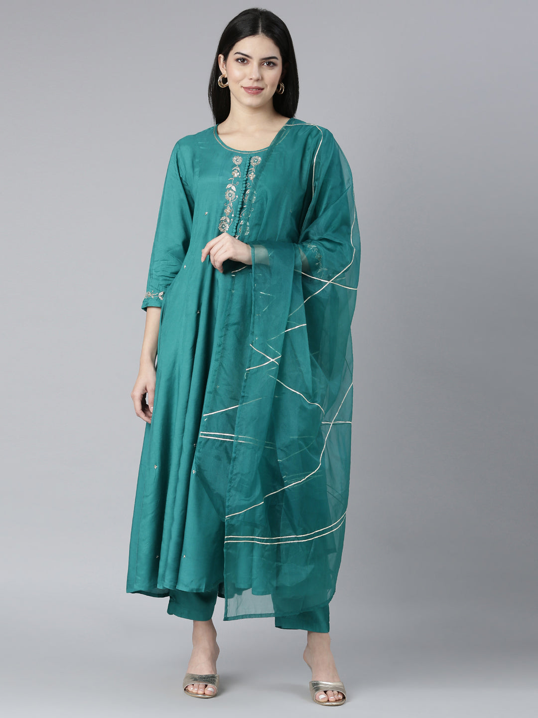 Neerus Green Regular Straight Solid Kurta And Trousers With Dupatta