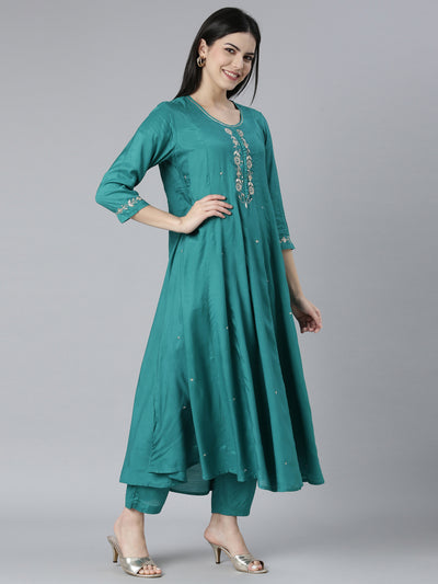 Neerus Green Regular Straight Solid Kurta And Trousers With Dupatta