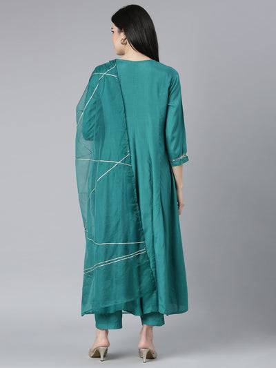 Neerus Green Regular Straight Solid Kurta And Trousers With Dupatta