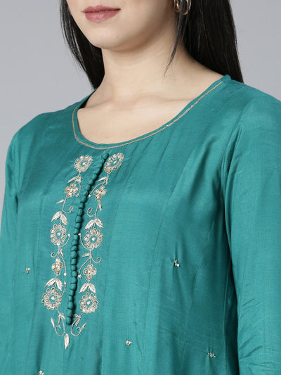 Neerus Green Regular Straight Solid Kurta And Trousers With Dupatta