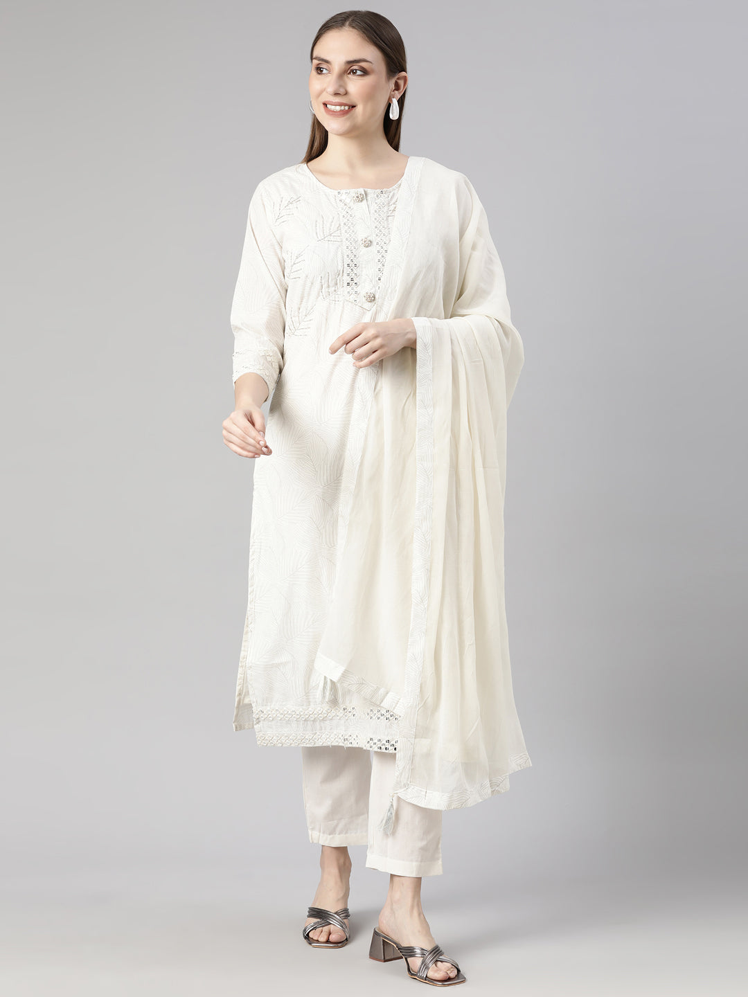 Neerus Off White Panelled Straight Floral Kurta And  Trousers With Dupatta