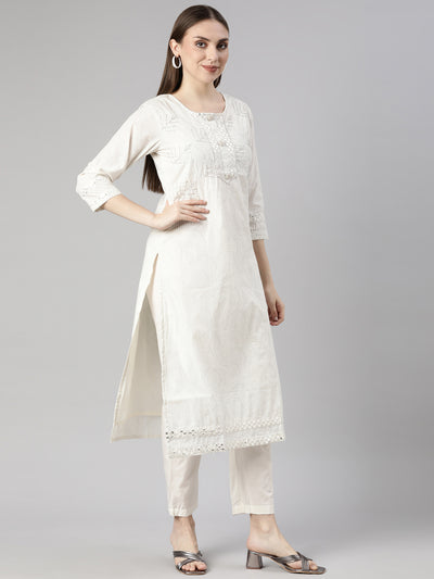 Neerus Off White Panelled Straight Floral Kurta And  Trousers With Dupatta