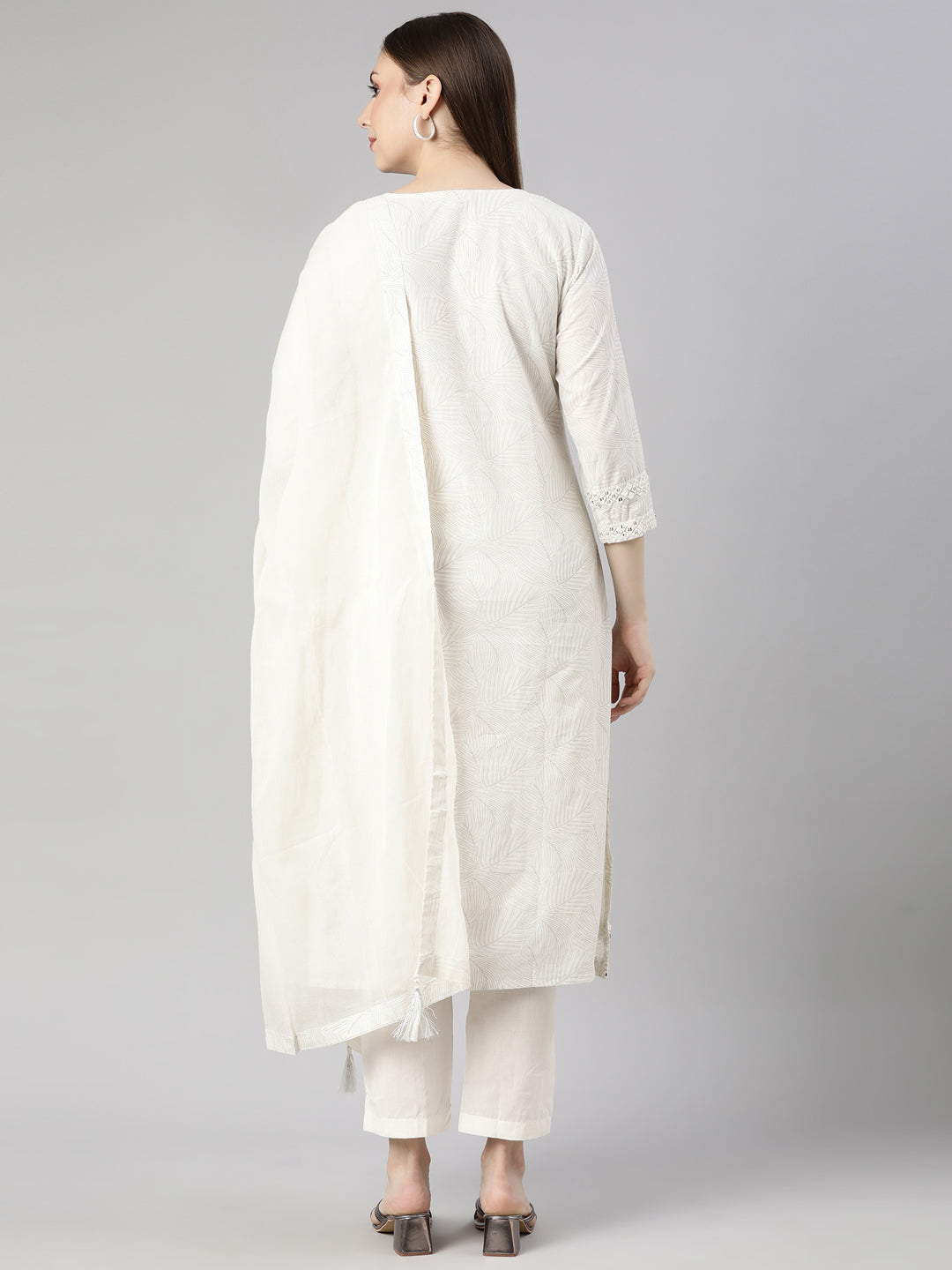 Neerus Off White Panelled Straight Floral Kurta And  Trousers With Dupatta