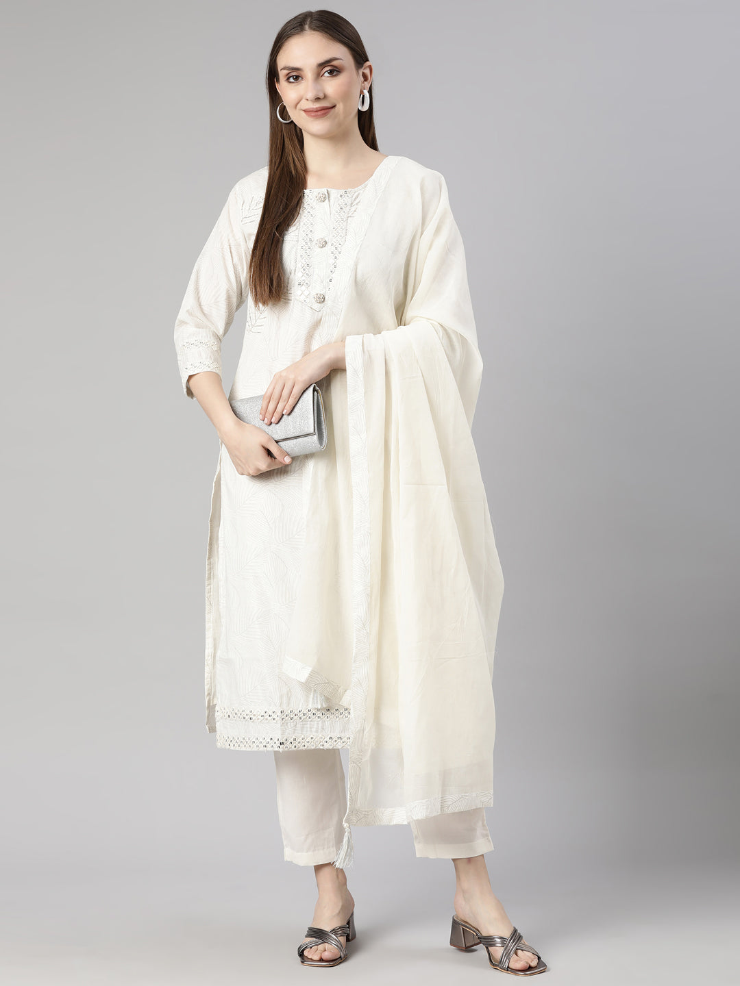 Neerus Off White Panelled Straight Floral Kurta And  Trousers With Dupatta