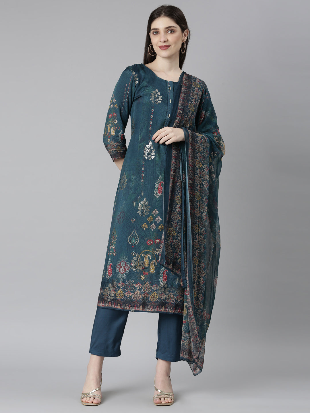 Neeru's Green Regular Straight Floral Kurta And Trousers With Dupatta