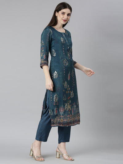 Neeru's Green Regular Straight Floral Kurta And Trousers With Dupatta