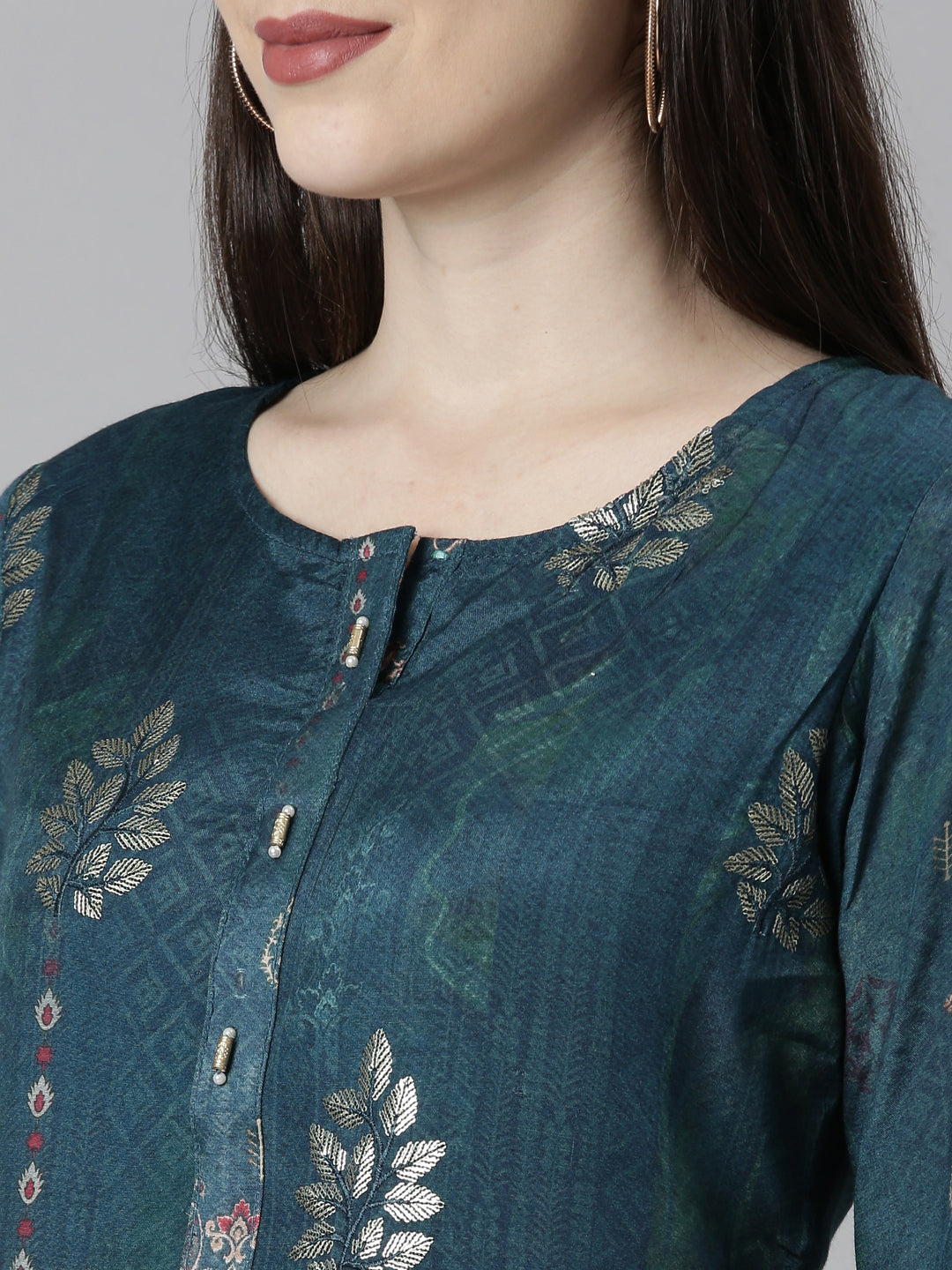 Neeru's Green Regular Straight Floral Kurta And Trousers With Dupatta