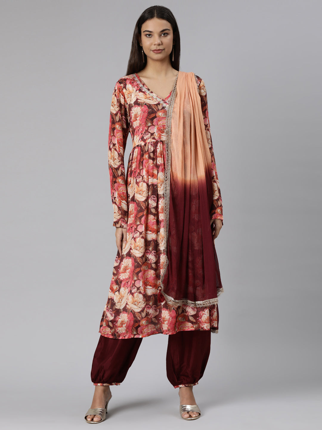 Neeru's Peach Regular Straight Floral Kurta And Salwar With Dupatta