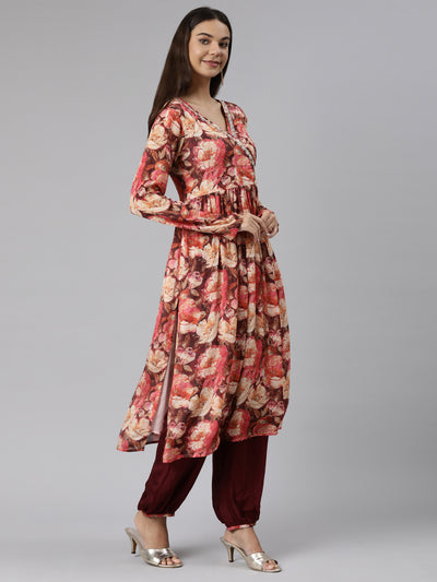 Neeru's Peach Regular Straight Floral Kurta And Salwar With Dupatta