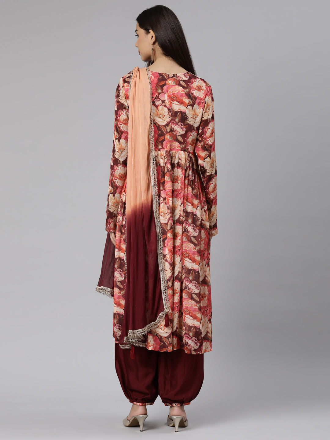 Neeru's Peach Regular Straight Floral Kurta And Salwar With Dupatta