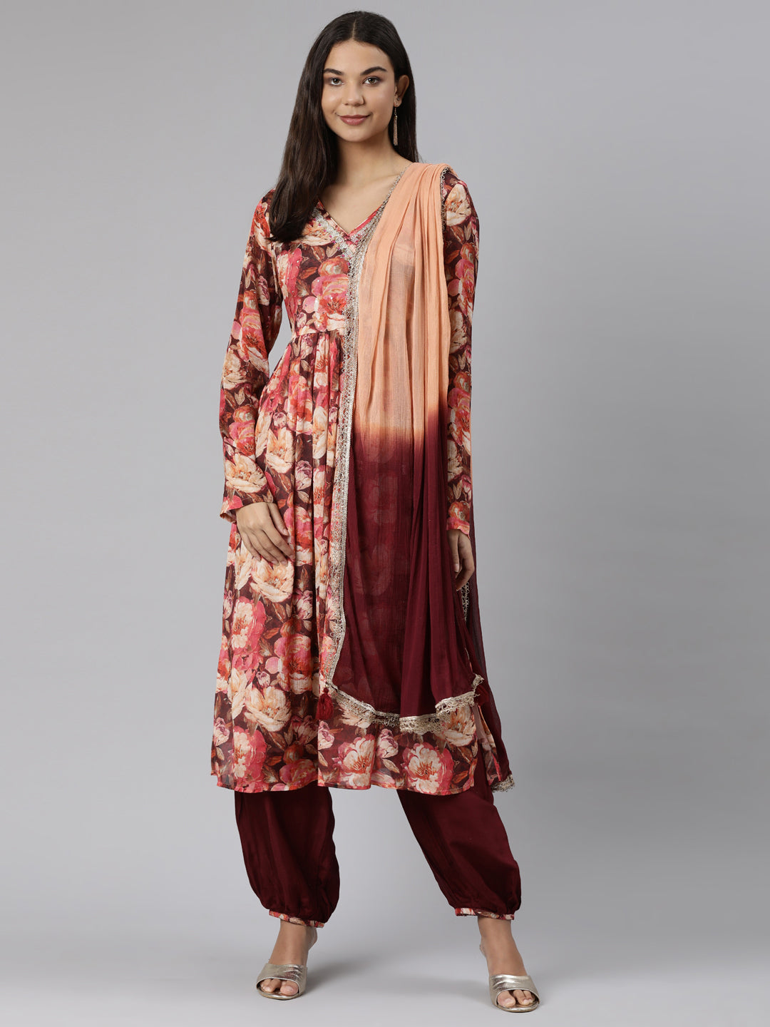 Neeru's Peach Regular Straight Floral Kurta And Salwar With Dupatta