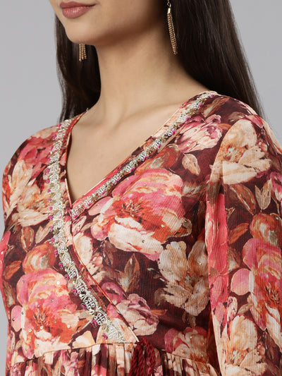 Neeru's Peach Regular Straight Floral Kurta And Salwar With Dupatta