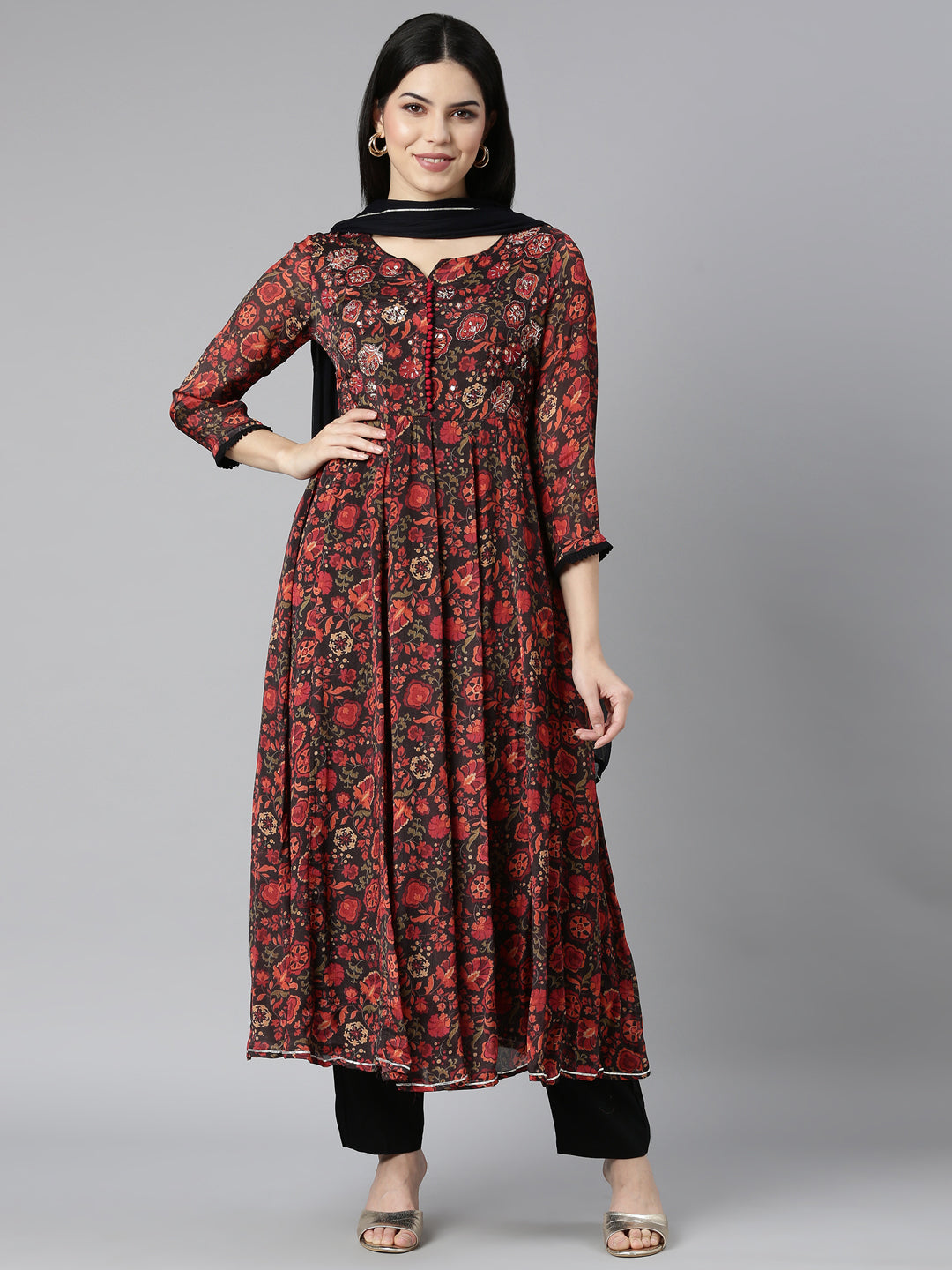 Neerus Black Regular Straight Floral Kurta And Trousers With Dupatta