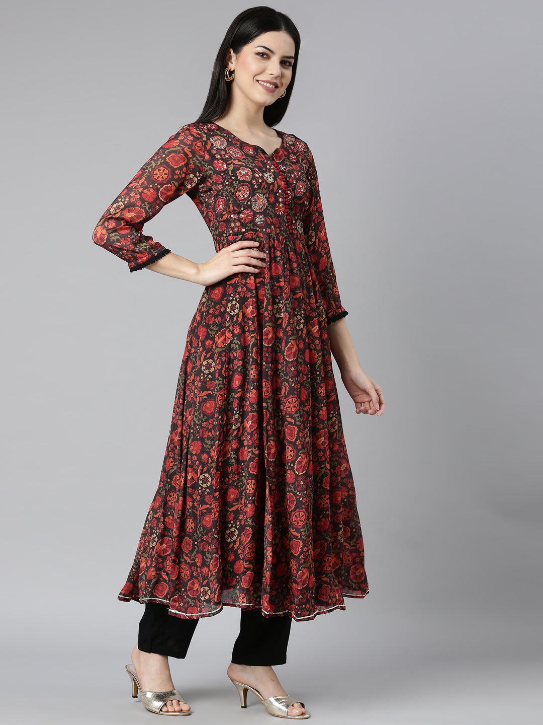 Neerus Black Regular Straight Floral Kurta And Trousers With Dupatta