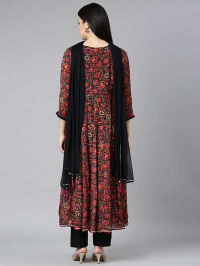 Neerus Black Regular Straight Floral Kurta And Trousers With Dupatta