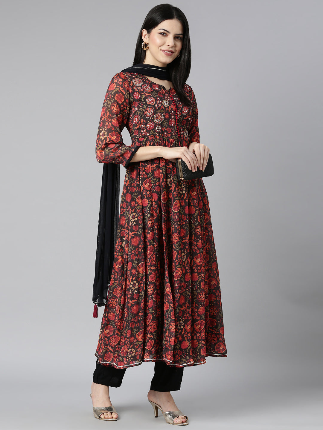 Neerus Black Regular Straight Floral Kurta And Trousers With Dupatta