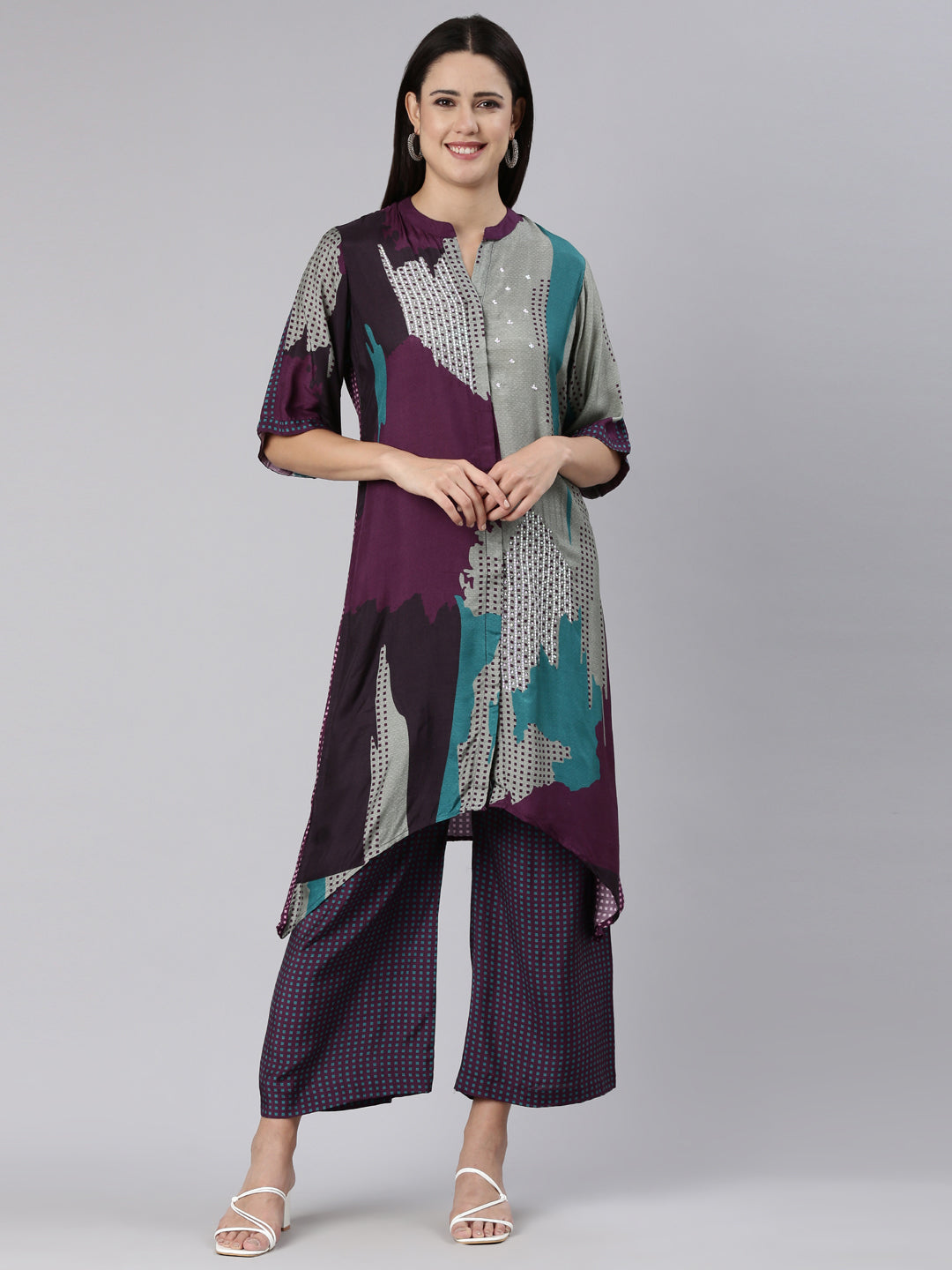 Neeru's Purple Regular Straight Printed Kurta And Palazzos