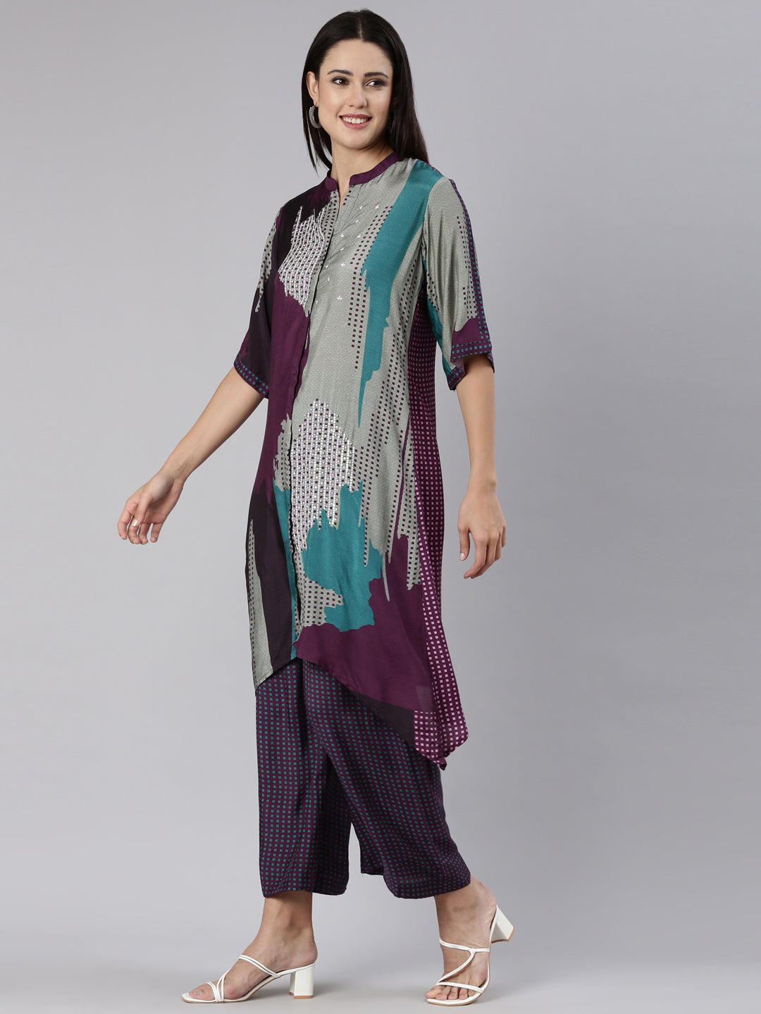 Neeru's Purple Regular Straight Printed Kurta And Palazzos