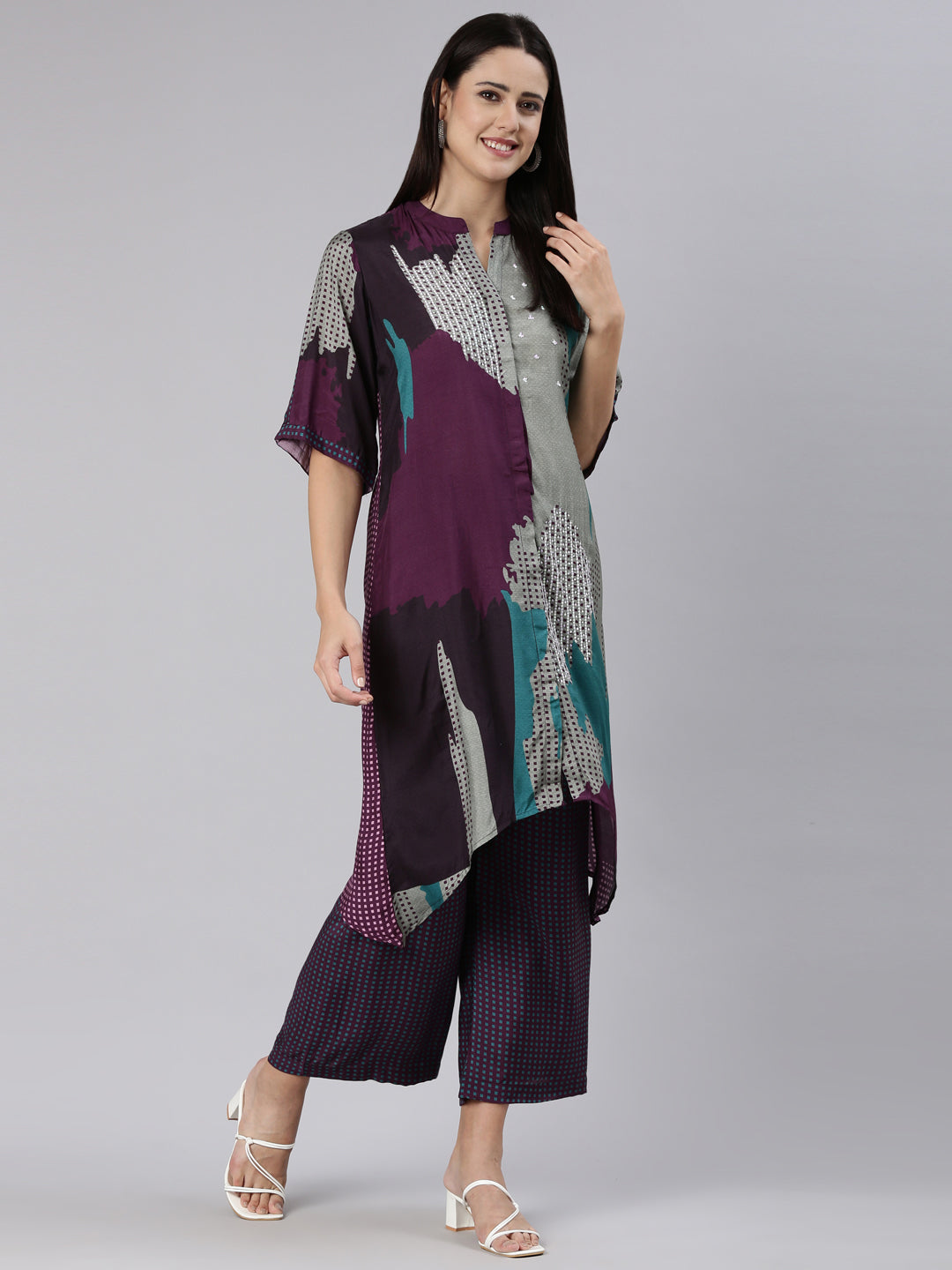 Neeru's Purple Regular Straight Printed Kurta And Palazzos