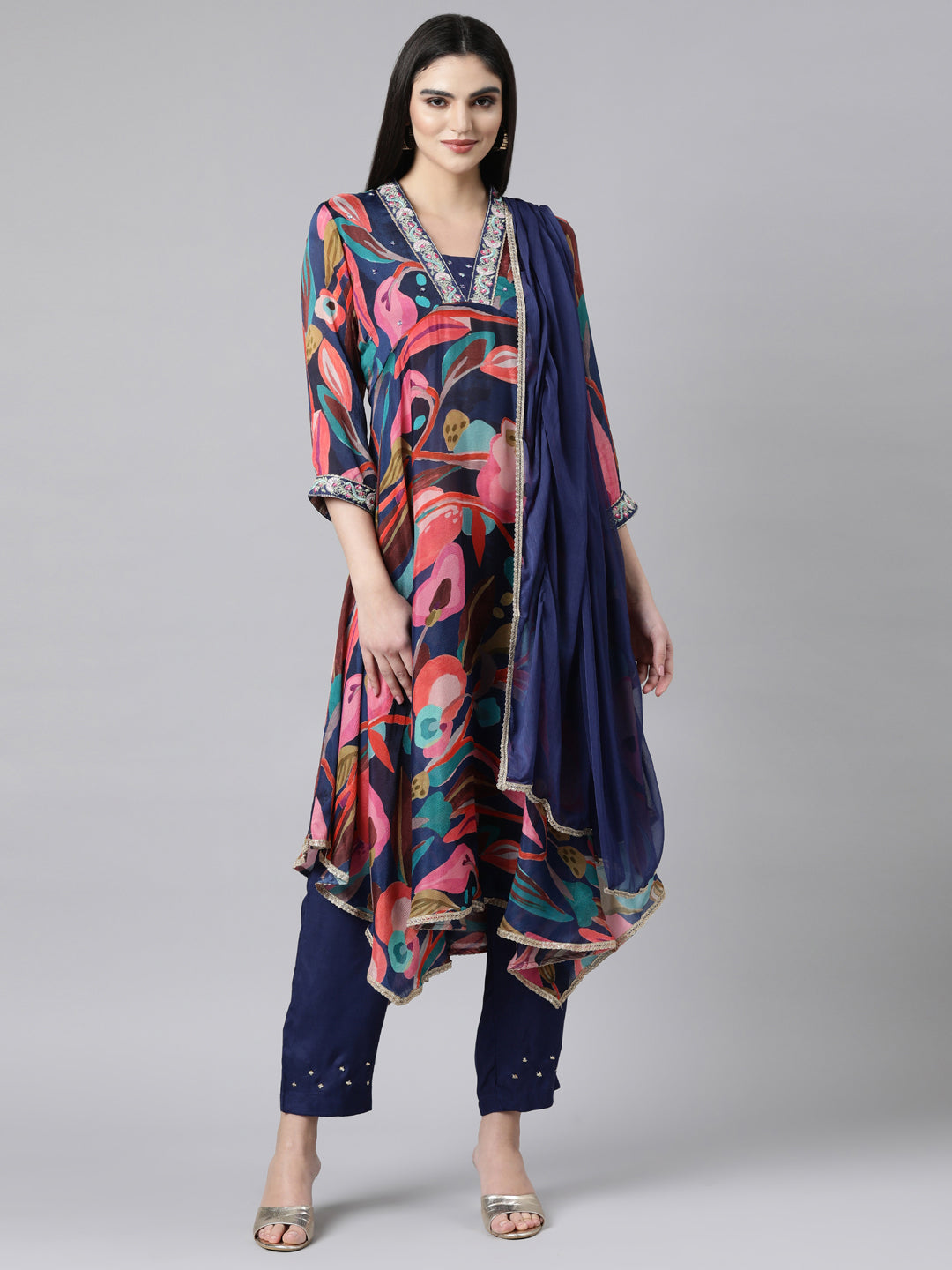 Neerus Multi Regular High-Low Floral Kurta And Trousers With Dupatta