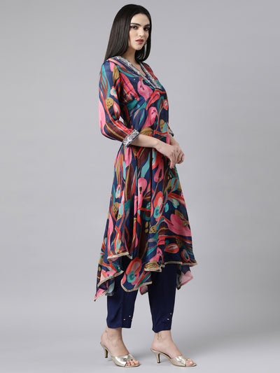 Neerus Multi Regular High-Low Floral Kurta And Trousers With Dupatta