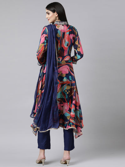 Neerus Multi Regular High-Low Floral Kurta And Trousers With Dupatta