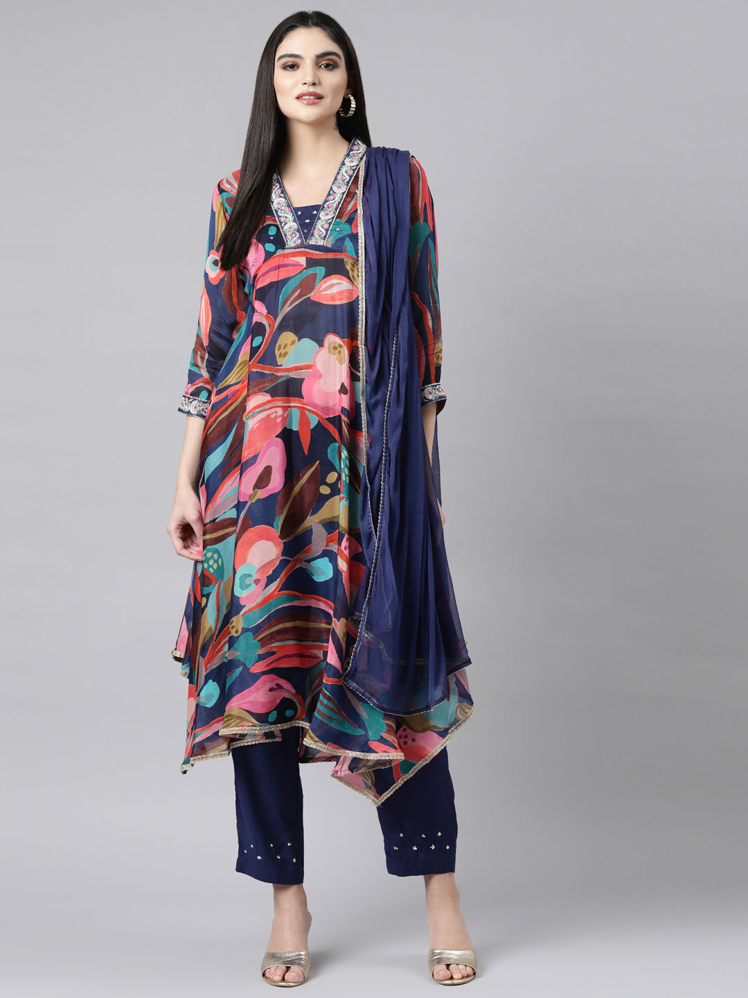 Neerus Multi Regular High-Low Floral Kurta And Trousers With Dupatta