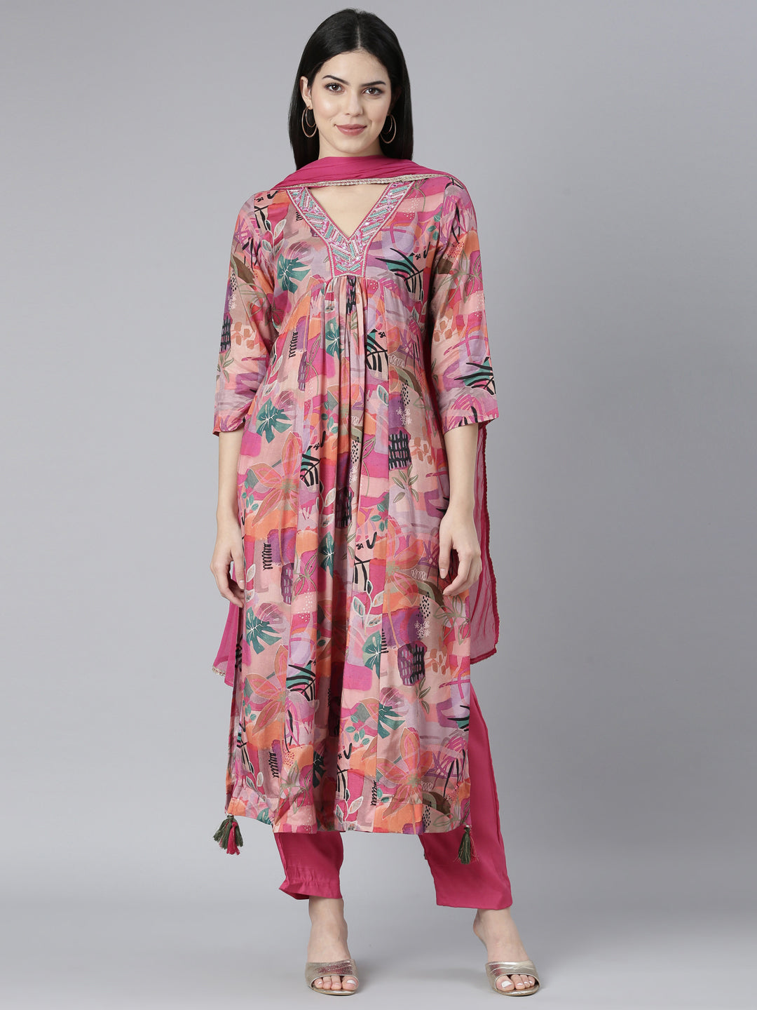 Neerus Pink Regular Straight Floral Kurta And Trousers With Dupatta