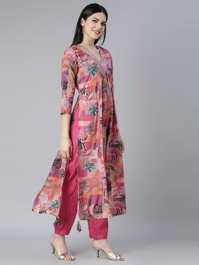 Neerus Pink Regular Straight Floral Kurta And Trousers With Dupatta