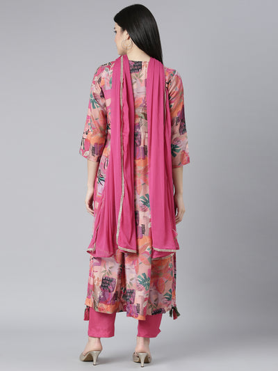 Neerus Pink Regular Straight Floral Kurta And Trousers With Dupatta