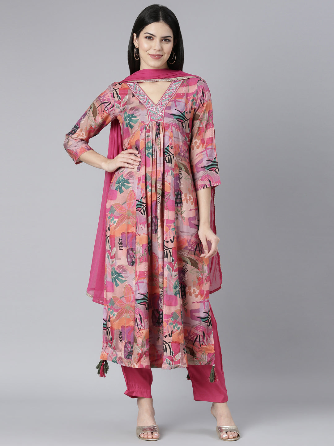 Neerus Pink Regular Straight Floral Kurta And Trousers With Dupatta