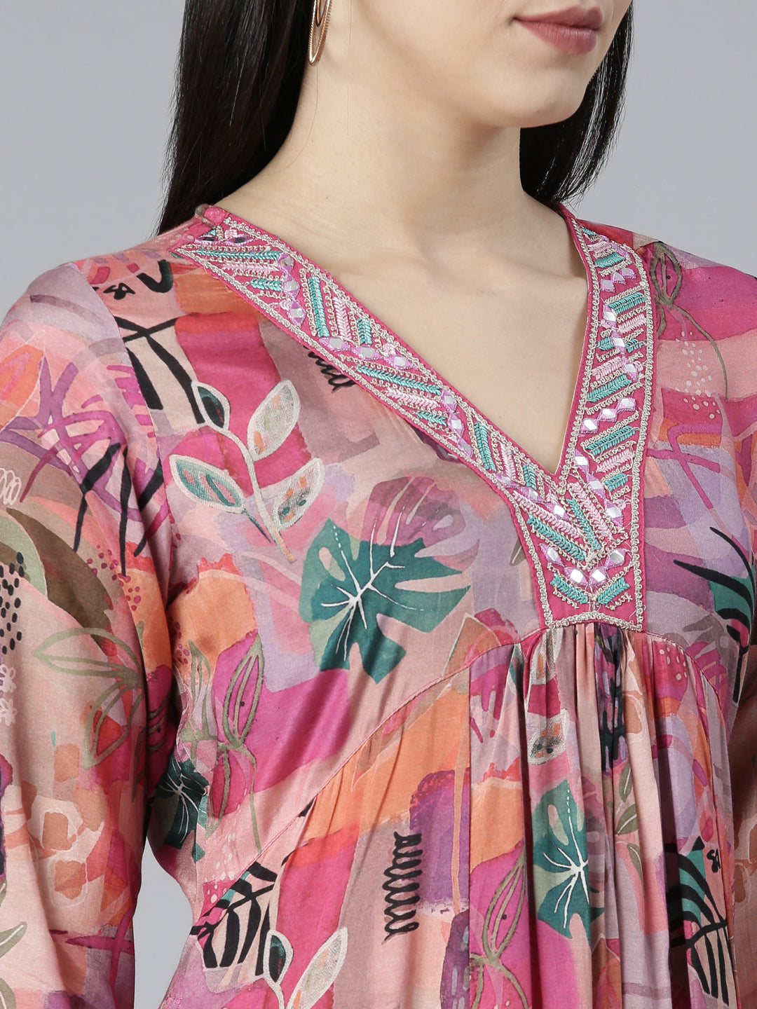 Neerus Pink Regular Straight Floral Kurta And Trousers With Dupatta