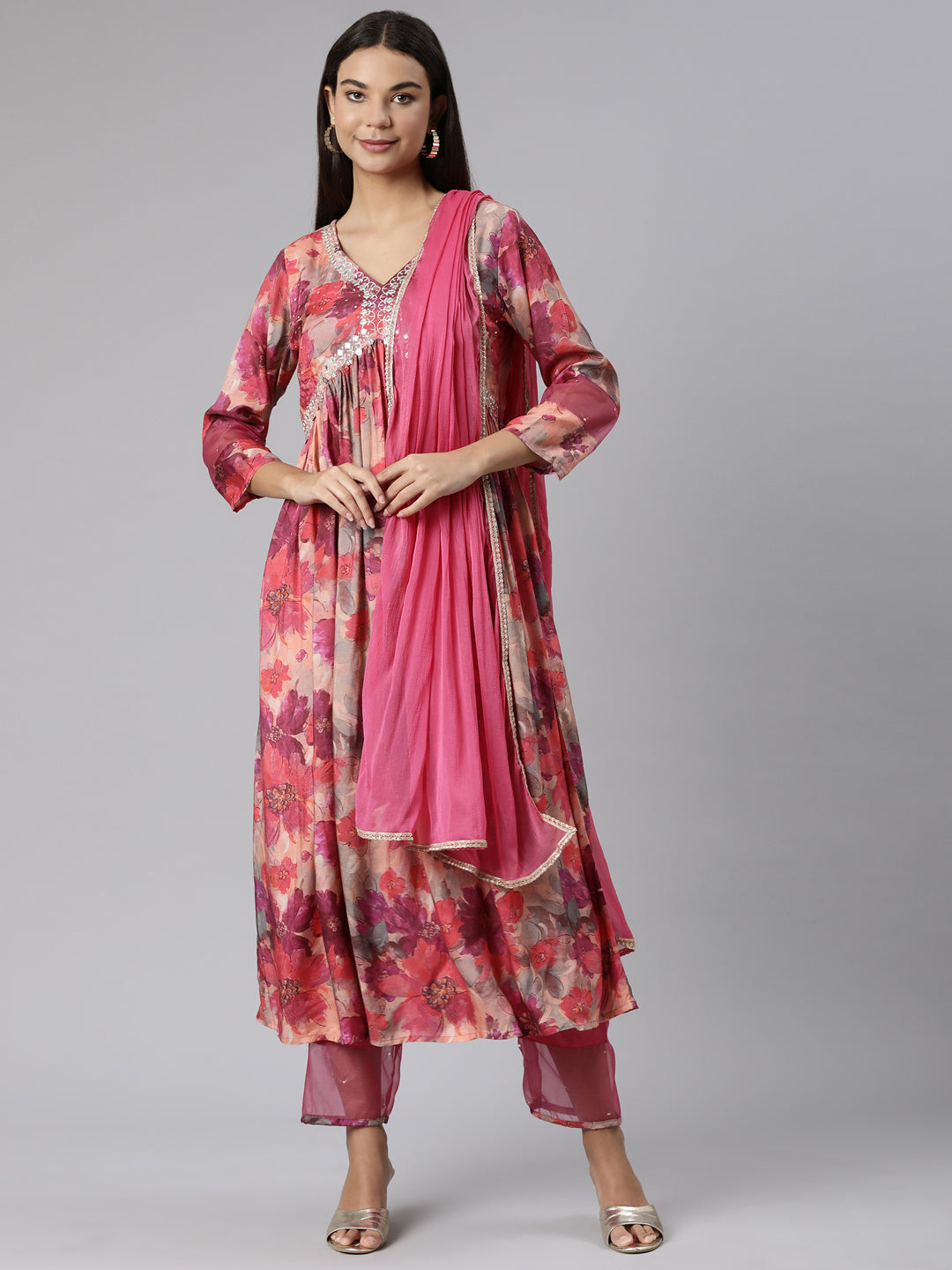 Neeru's Magenta Regular Straight Floral Readymade suits