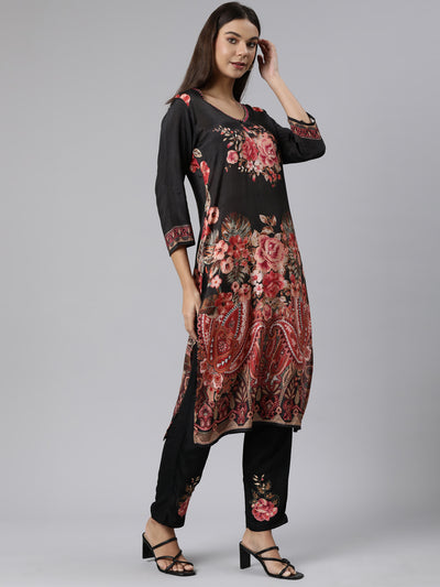 Neeru's Black Regular Straight Floral Readymade Suits