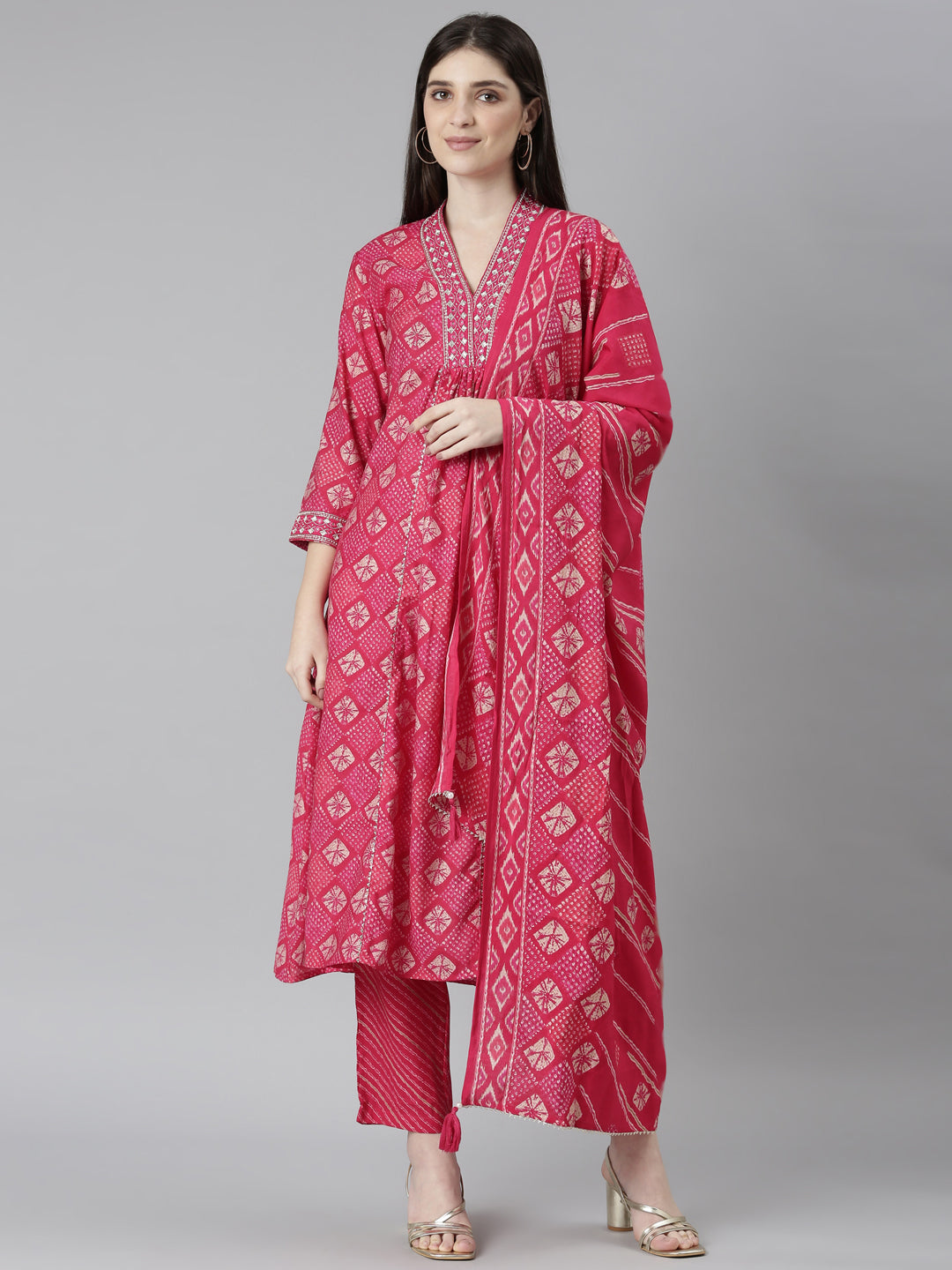 Neeru's Pink Regular Straight Bandhani Kurta And Trousers With Dupatta