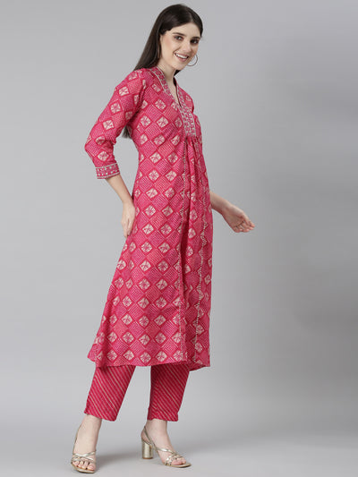 Neeru's Pink Regular Straight Bandhani Kurta And Trousers With Dupatta