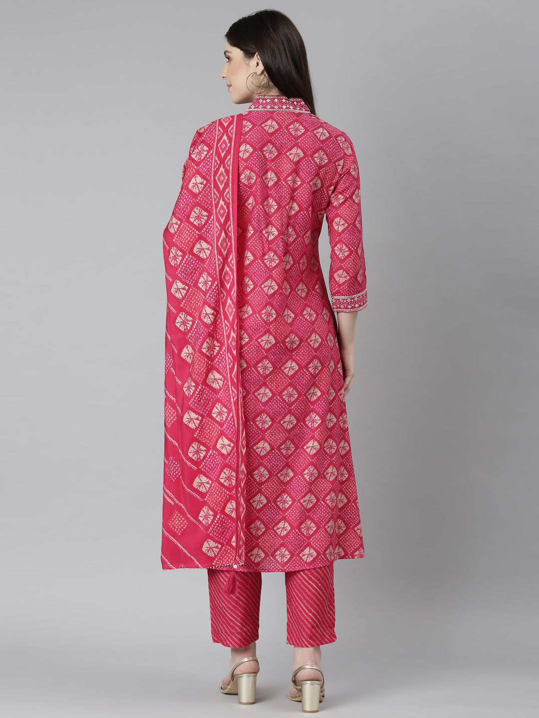 Neeru's Pink Regular Straight Bandhani Kurta And Trousers With Dupatta