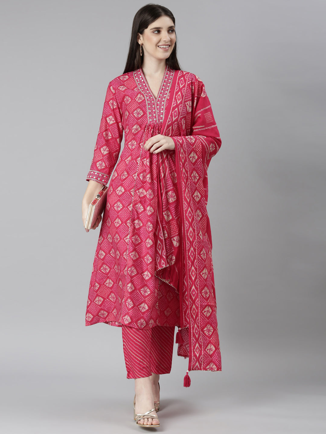 Neeru's Pink Regular Straight Bandhani Kurta And Trousers With Dupatta